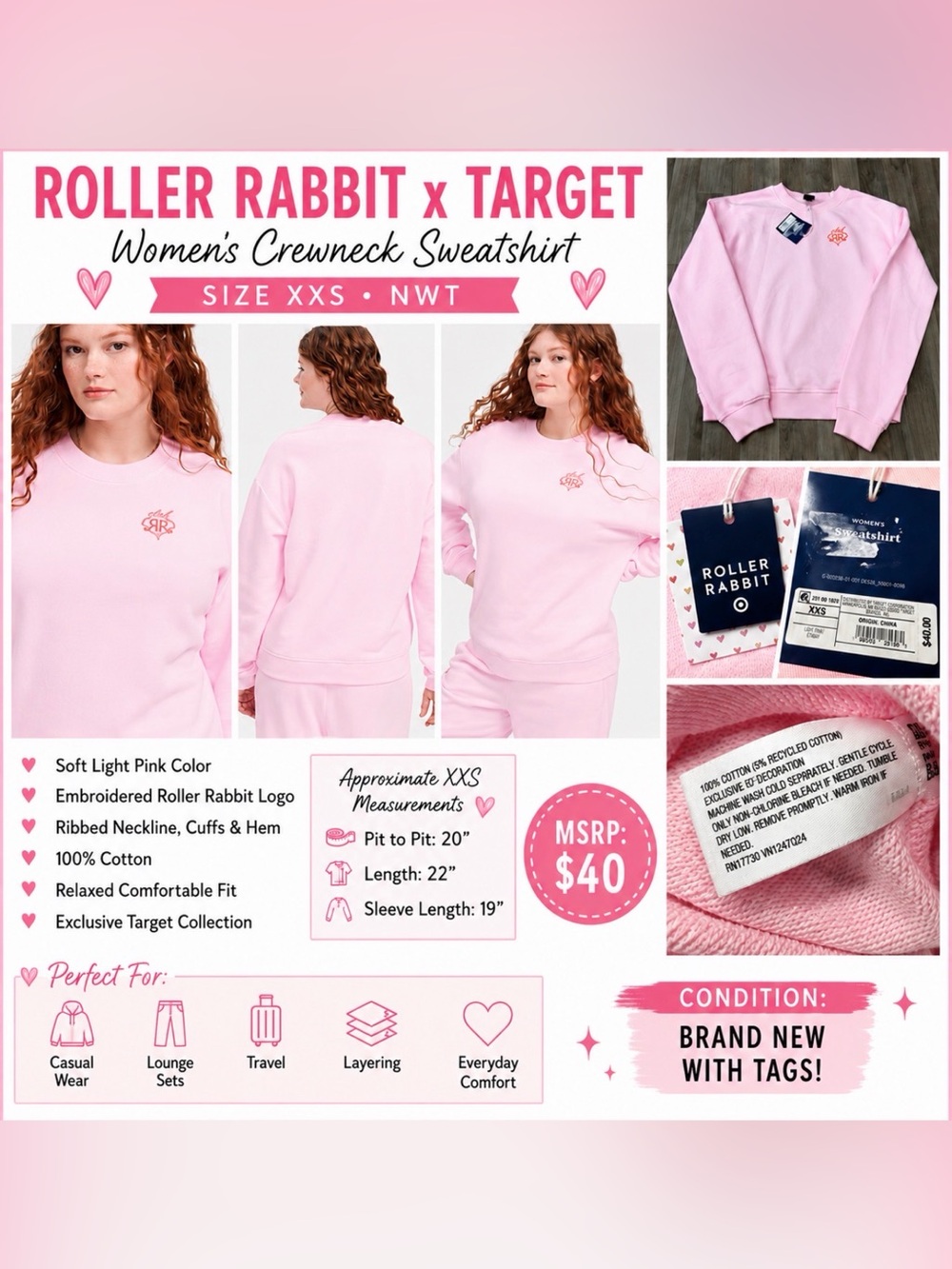 Roller Rabbit x Target Light Pink Crewneck Sweatshirt XXS sweatshirt
